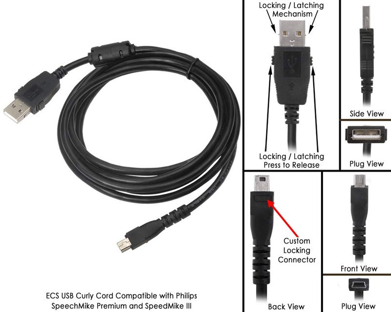 ECS Compatible for SpeechMike Premium and SpeechMike III Curly Cord USB Type A to USB Mini A with Lock - Image 2